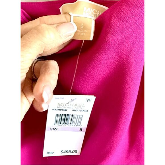 NWT Michael Kors Feather Trim Stretch Crepe Shift Dress in deep /fushia.  Size 6 - Picture 5 of 8